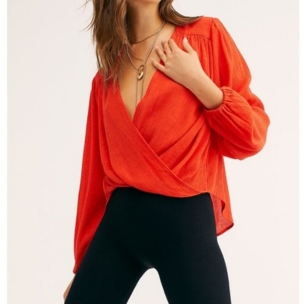 Summer Free People Check On It Wrap Top Rome Red Blouse